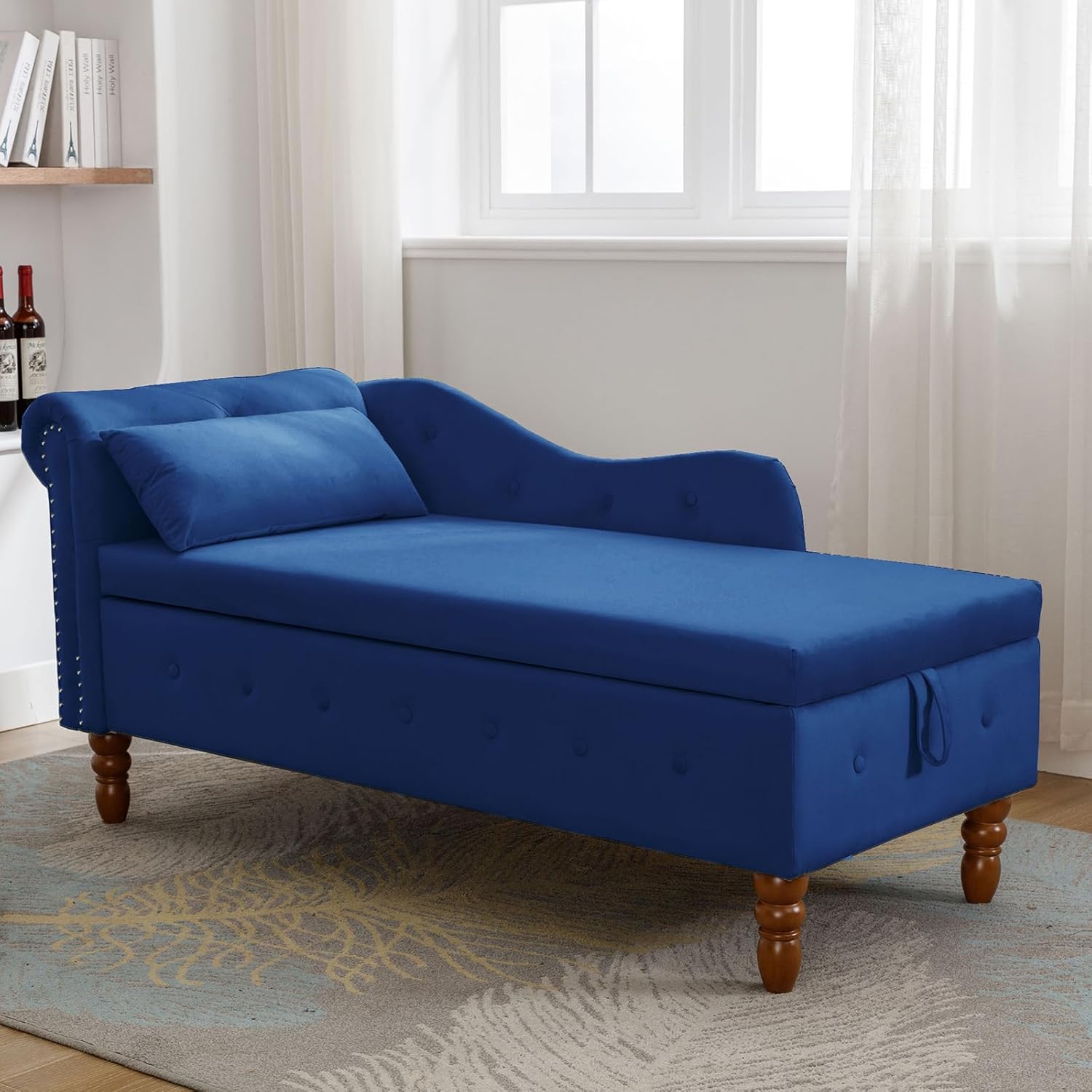 58 inch Velvet Chaise Lounge with Storage, Upholstered Lounge Chair with Lumbar Pillow and Rolled Armrest, Button Tufted Indoor Chair with Nailhead Trim, for Living Room Bedroom Office (Blue)