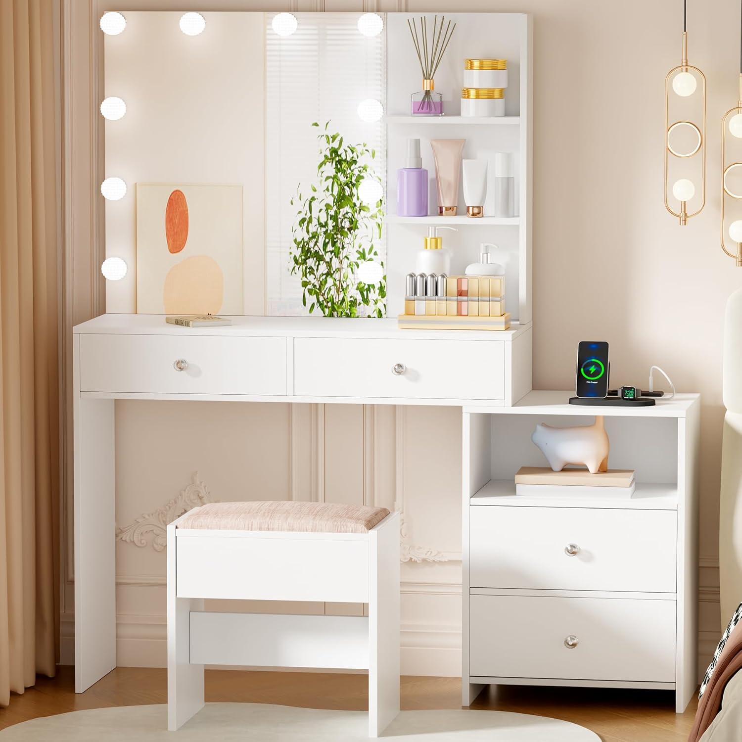 ANWBROAD White Makeup Vanity Desk with LED Mirror Lights, Charging Station, Nightstand, Drawers, Stool - UBDT13W Bedroom Dressing Table