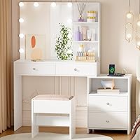 ANWBROAD White Makeup Vanity Desk with LED Mirror Lights, Charging Station, Nightstand, Drawers, Stool - UBDT13W Bedroom Dressing Table