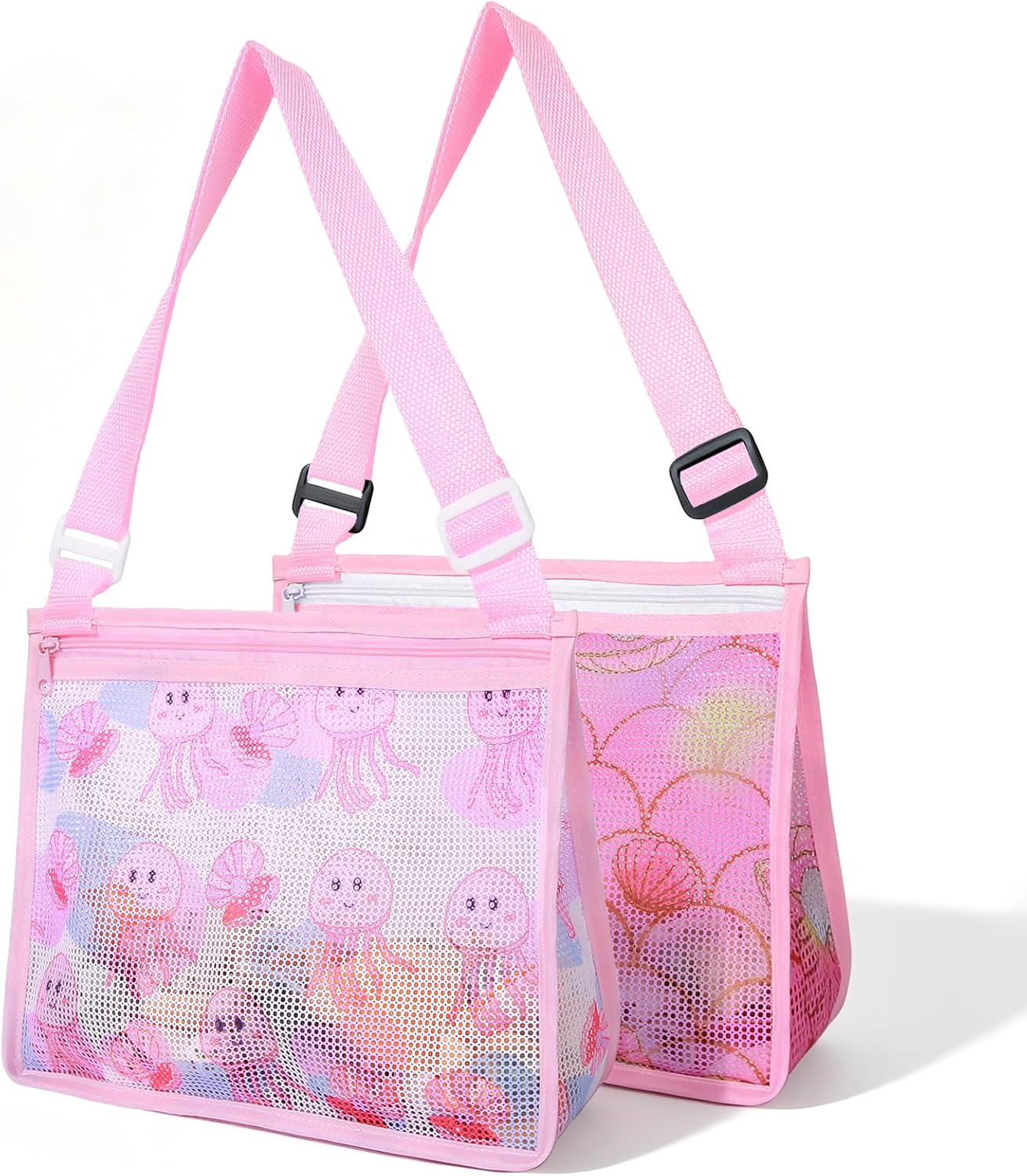 2PCS Shell Bags for Beach, Mesh Beach Bag with Zip Closure, Lightweight Shell Collecting Bag, Portable Beach Bag for Shells, Seashells, Pebbles (Only Bags, A Set of 2, Pink)