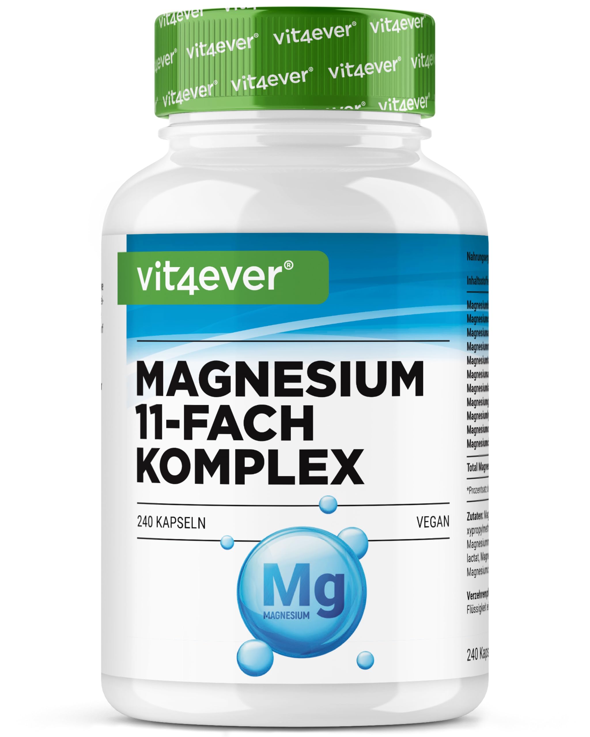 Complexe de Magnésium - 240 gélules - 11 composés de haute qualité - 408 mg de magnésium élémentaire par dose journalière - Hautement dosé - Vegan
