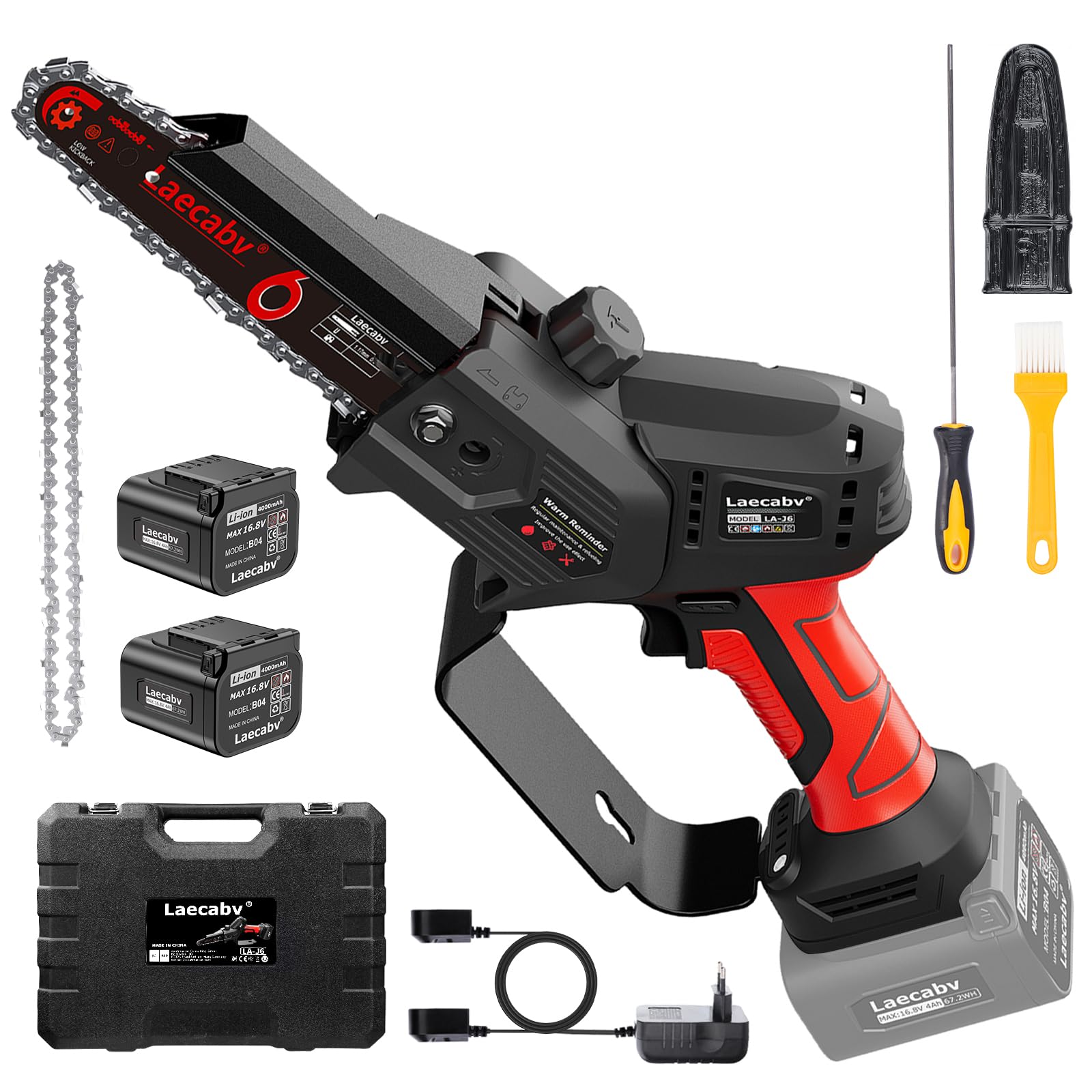 Laecabv mini motosierra eléctrica 6 pulgadas, inalámbrica, para podar, 2 piezas Li-16,8V/4Ah, árbol, jardín (azul)