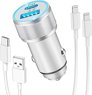 LUOSIKE Cargador Coche Carga Rápida y Cables para iPhone, Cargador Mechero 2 Puertos 38W y 2X Cables Lightning 1m, Adaptador USB C con PD/QC, Compatible con iPhone 14/13/12/11/Pro/Max/Plus/mini/SE