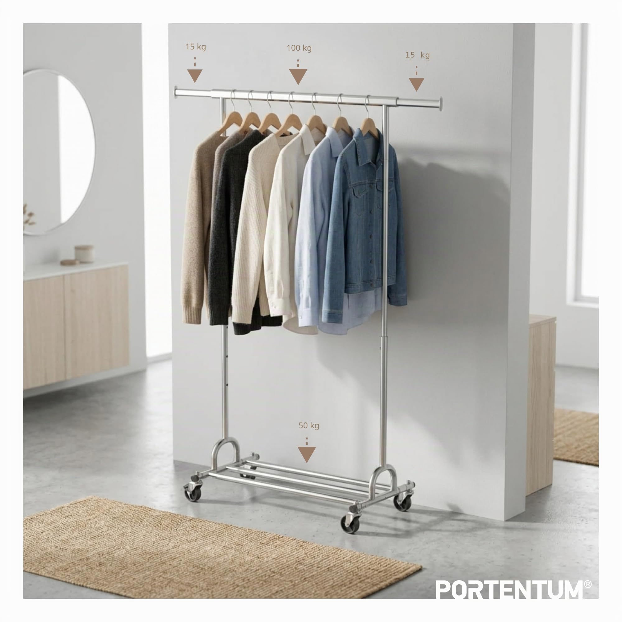 PORTENTUM Kleiderständer stabil aus Stahl höhenverstellbar mit Rollen und Bremsen – Höhenverstellbar zwischen 149 und 174 cm – Bis 180 kg Traglast – Kleiderstange rollen Stahl 45 x (92–132) cm Breite