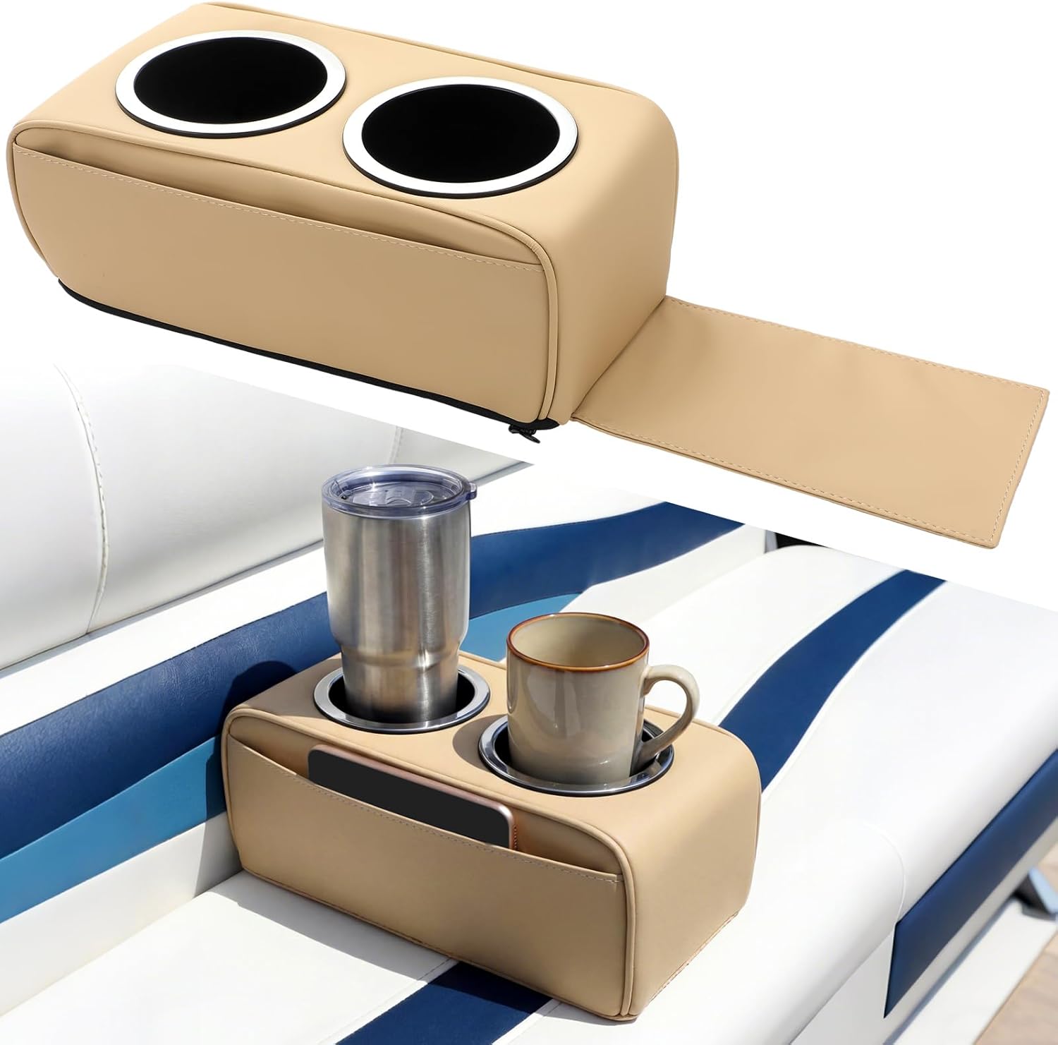 Tallew 2 Pack Boat Seat Cup Holder 11 x 6 x 4 Inch Boat Cup Holder Pontoon Double Drink Holders with Stainless Steel Side Pocket Boats Accessories Boats Storage Organizer for Fishing Outdoor