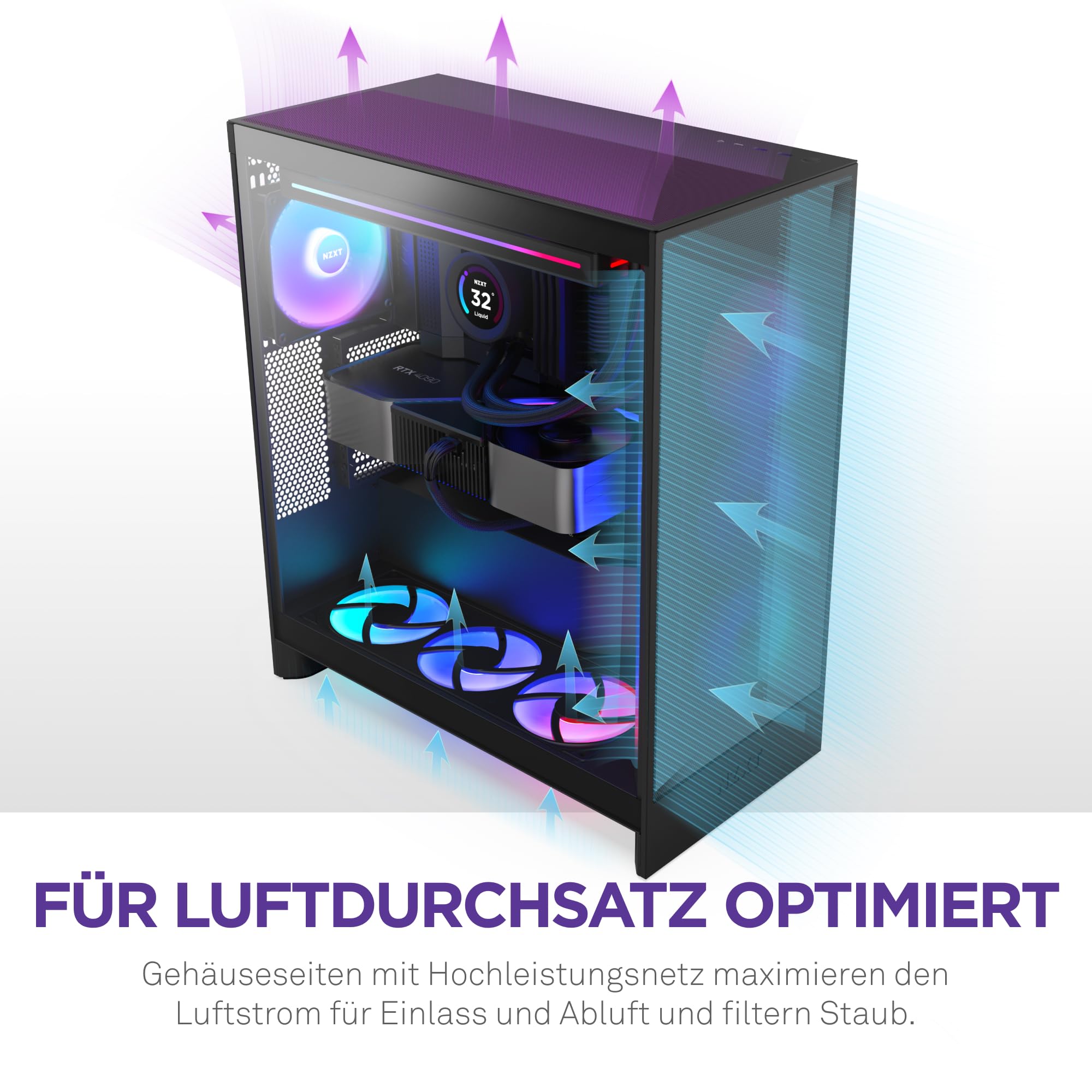 NZXT H7 Flow | Mid-Tower-ATX-Airflow-Gehäuse | Bis zu 3 x 120-mm-Lüfter im Boden zur direkten GPU-Kühlung | 3 x 120-mm-Frontlüfter | 420-mm-Kühler-Trägerplatte vorn | Schwarz