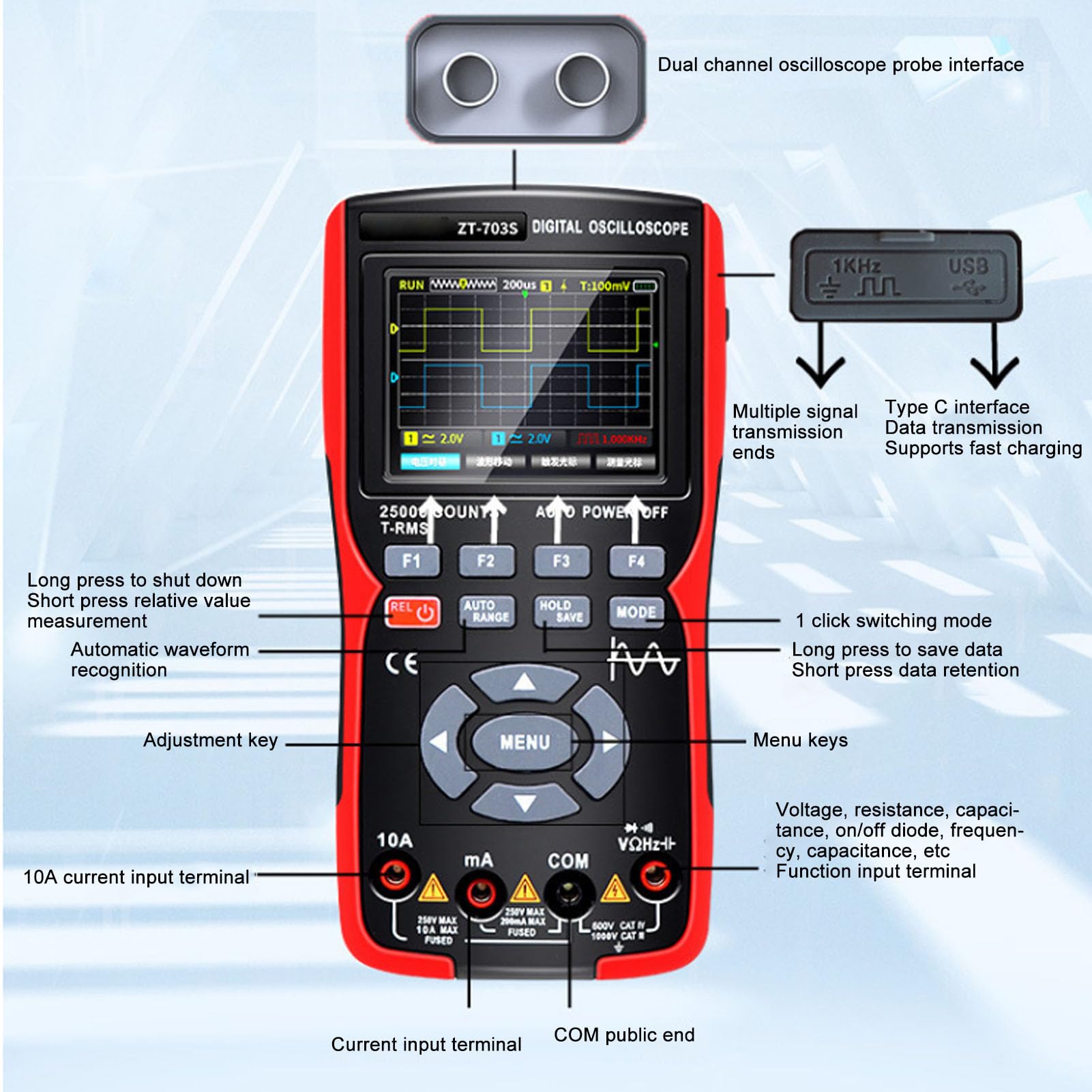 KIMISS 3,5-Zoll-Zweikanal-Handoszilloskop-Multimeter mit 25.000 Zählwerten, Signalgenerator, Genauen Messungen, Echtzeit-Abtastung, USB-Datenspeicherung