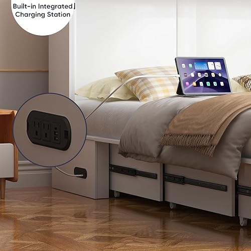 Miniatura 5 de ijuicy Cama Murphy de tamaño Queen con colchón y cajones extragrandes, camas multifuncionales con estación de carga USB, baúl Murphy para el hogar