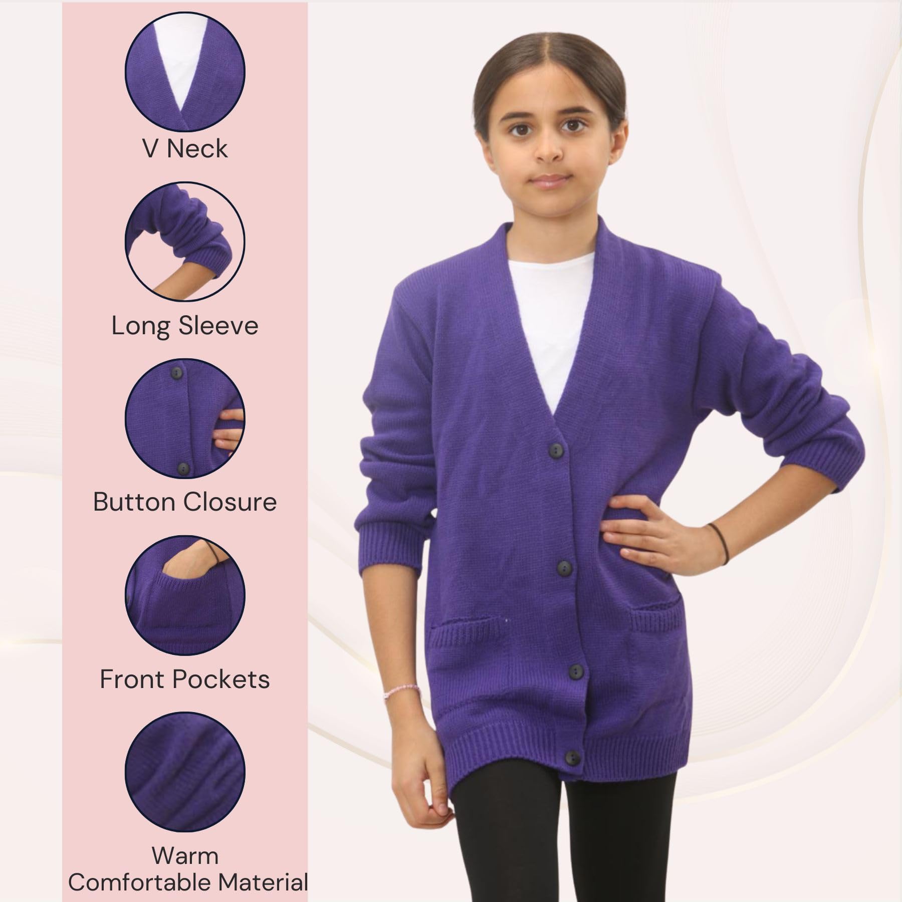 Cardigan a maniche lunghe con 4 bottoni, maglione per bambini con scollo a V in maglia fine, cardigan scolastico per ragazze e ragazzi con due tasche frontali, maglione leggero e casual