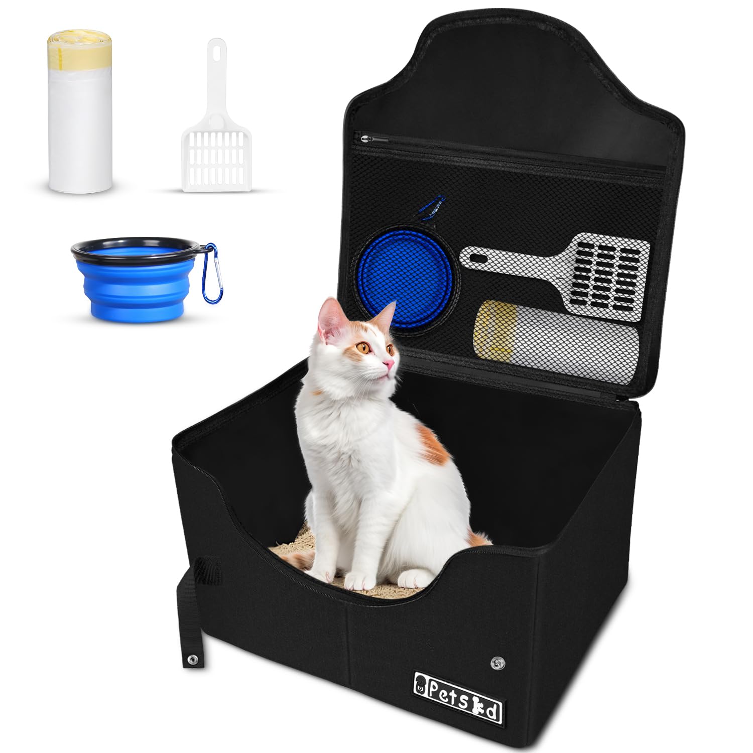 Petskd High Sides Portable Travel Litter Box for Cats with Lid, Black