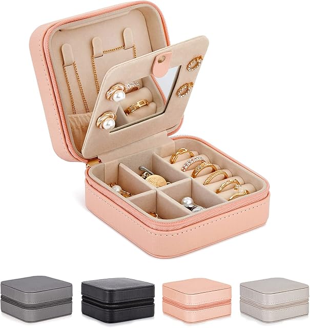 Meerveil Jewellery Box Organizer, Jewellery Boxes PU Leather with Mirror and Lock, Portable Jewellery Storage Case for Rings, Earrings, Necklaces, Gift for Girls and Women (Pink)