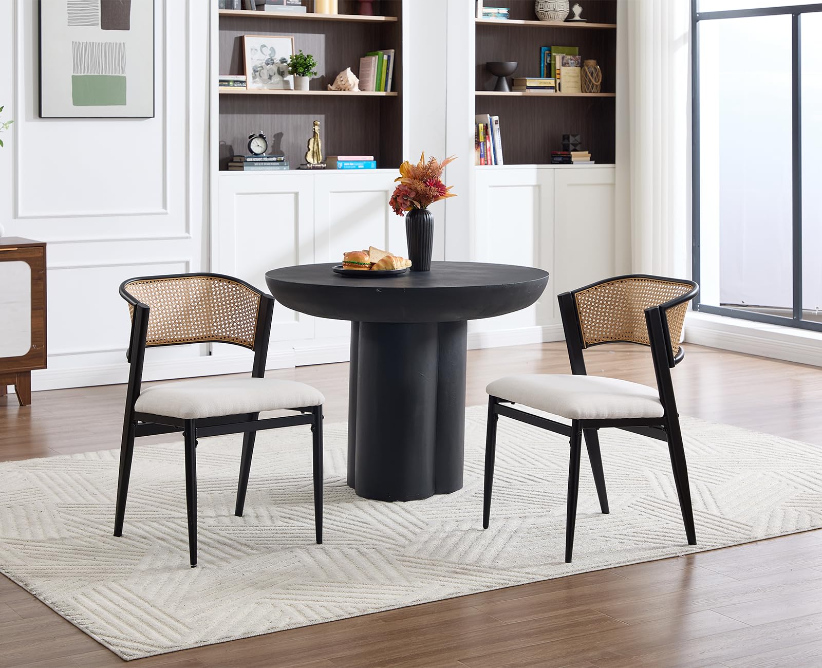 chairus Juego de 2 Sillas de Comedor de Madera Sillas de Cocina con Respaldo de Ratán, Silla Moderna con Asiento de Lino para Mesa/Restaurante, Negro