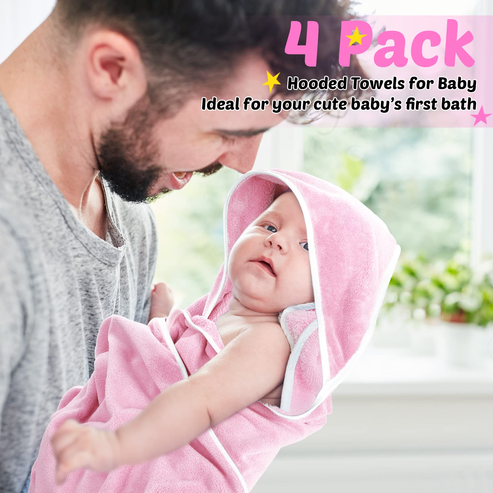 Reginary Paquete de 4 toallas con capucha para bebé, toallas de baño de forro polar coral, 76 x 76 cm, manta de baño suave y absorbente con capucha para recién nacidos, niños y niñas, suministros de