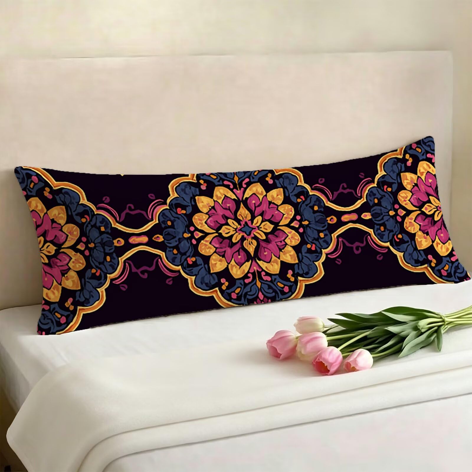 Taie de Traversin 135 cm Rétro Housse Traversin 135x45 cm Mandala, Housse de Coussin de Corps Douce pour Dormeur Latéral, Taie Oreiller Velours avec Fermeture Éclair pour Chambre Lit Canapé E0-943