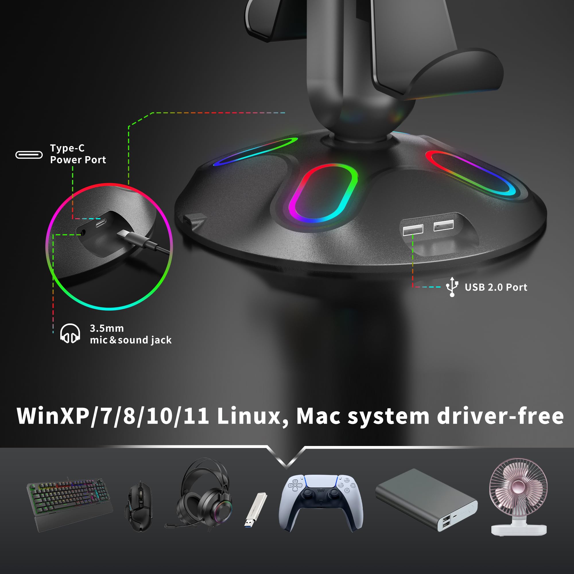 Gaming RGB Kopfhörerständer, Controller-Halterung mit 9 Lichtmodi – Headset-Ständer mit 2 USB-Ladeanschlüssen und 3,5 mm & Typ-C – Controller-Ständer Aufhänger Zubehör für Schreibtisch und