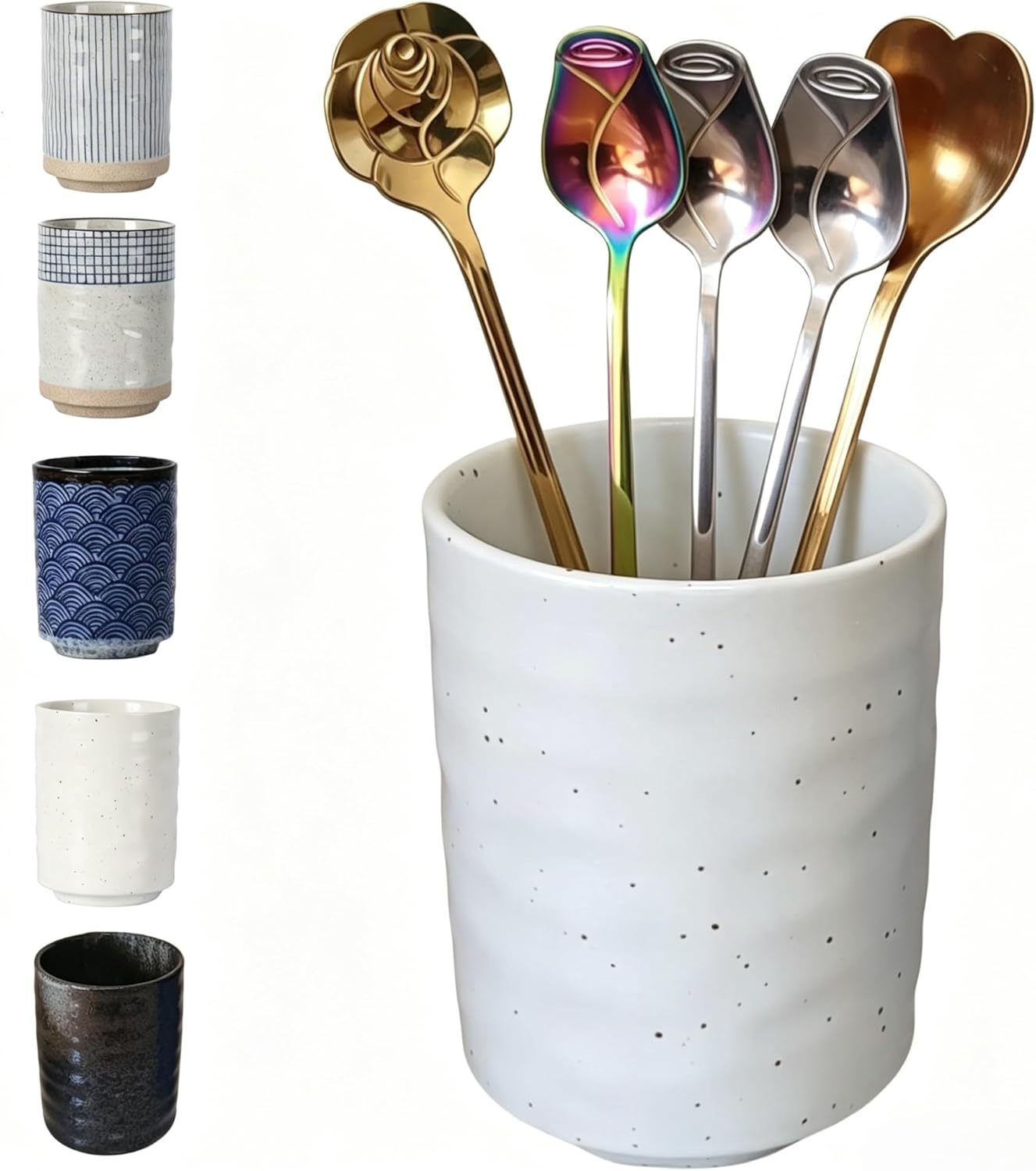 TOPYOKK Stoneware Coffee Bar Utensil Holder Tea & Coffee Spoon & Stirrer Holder for Stir Stick Straw Teaspoon Holder Espresso Spoon Cup Small Utensil Jar (Speckled White)