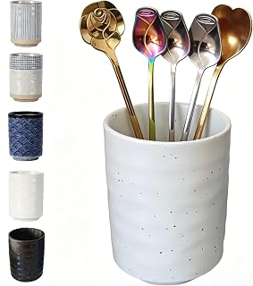 TOPYOKK Stoneware Coffee Bar Utensil Holder Tea & Coffee Spoon & Stirrer Holder for Stir Stick Straw Teaspoon Holder Espresso Spoon Cup Small Utensil Jar (Speckled White)
