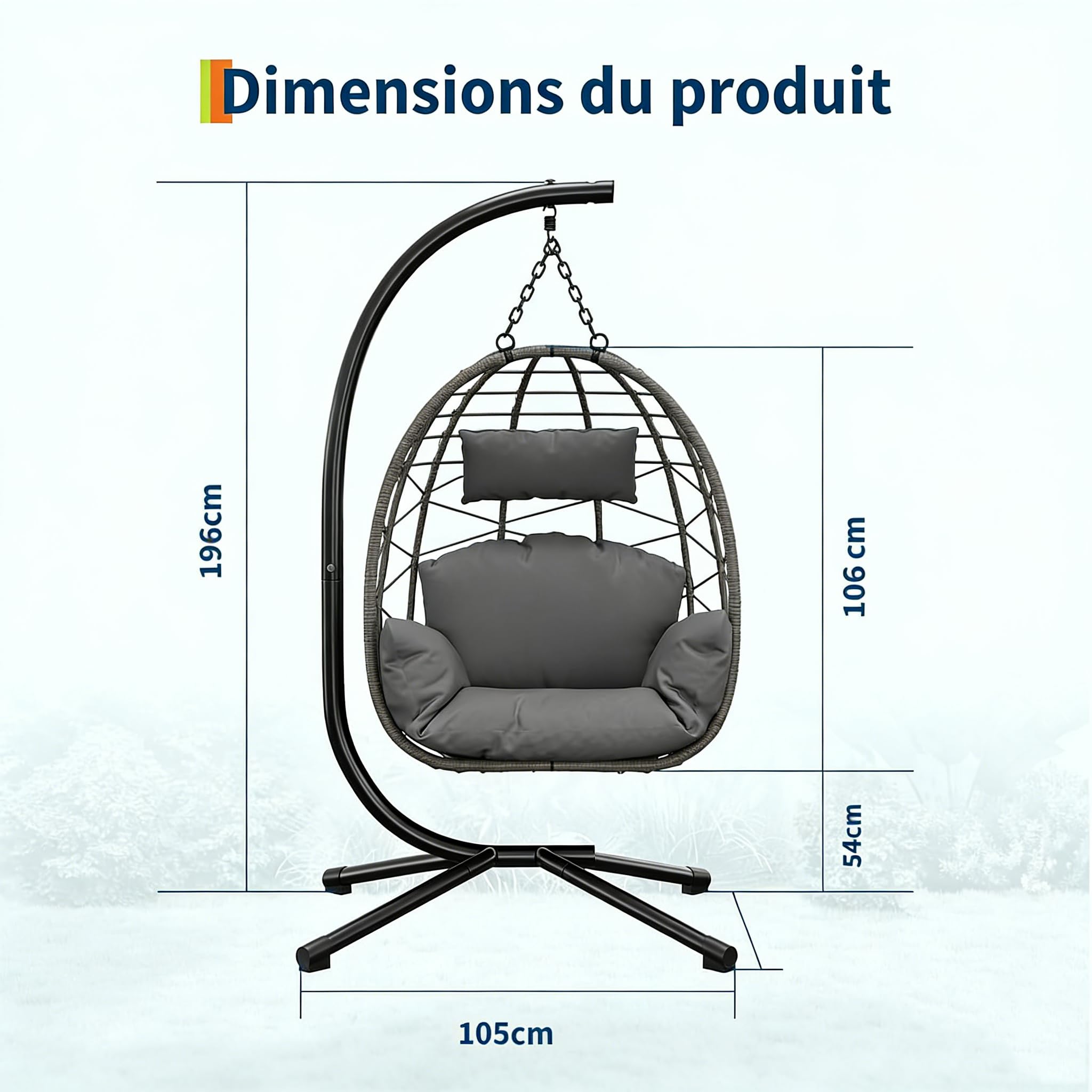 Poltrona sospesa in rattan, sedia amaca coccooning con struttura in acciaio, carico 130 kg, sedia sospesa uovo con copertura antipioggia, amaca altalena per giardino, terrazza, angolo lettura (196 x