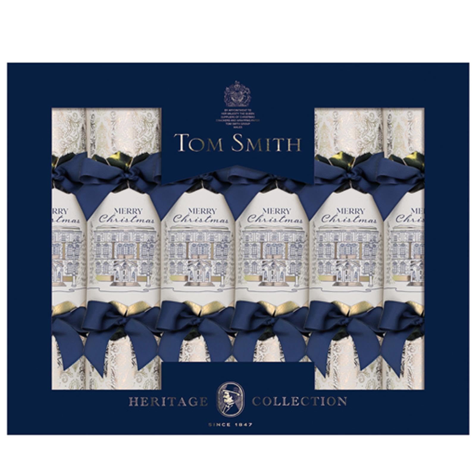 Tom Smith Heritage Christmas Crackers Pack 6 - Luxury White & Blue Royal Palace Design - Xmas Crackers Gifts Hats Mottos & Snaps - Plastic Free Recyclable Eco Friendly