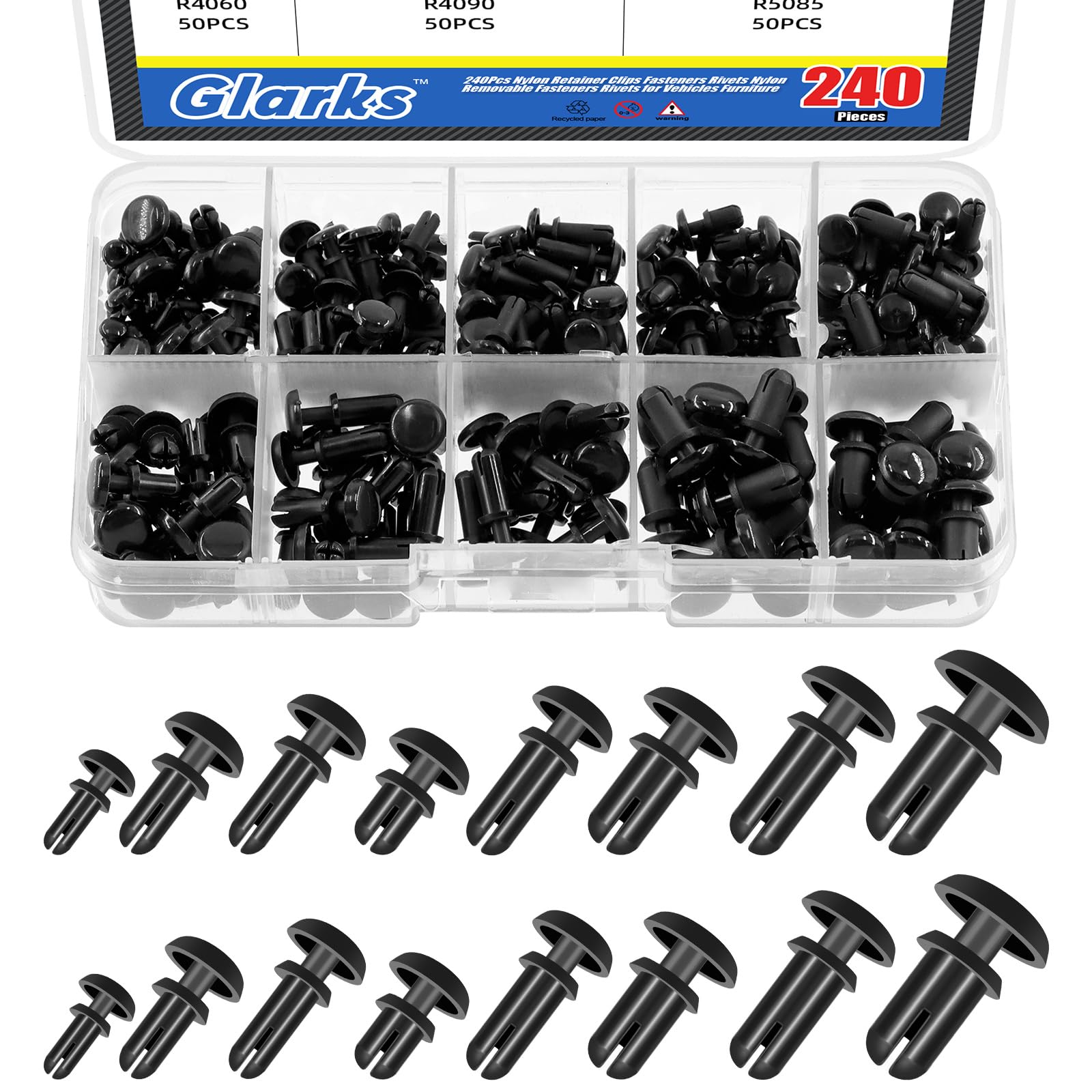 Glarks 240pcs 8 Sizes Nylon Removable Push Head Fasteners Rivets 2MM 3MM 3.5MM 4MM 5MM Black Push Pin Clip Rivets Car Bumper Retainer Clips Bumper