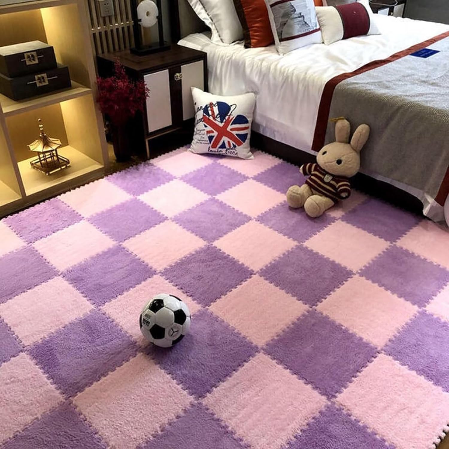 12pcs Plush Puzzle Foam Floor Mat, Soft Thicken Fluffy Interlocking Square Foam Tiles Area Rugs Carpet for Parlor Bedroom Decoration(11.8x11.8x0.55in,Purple&Pink)