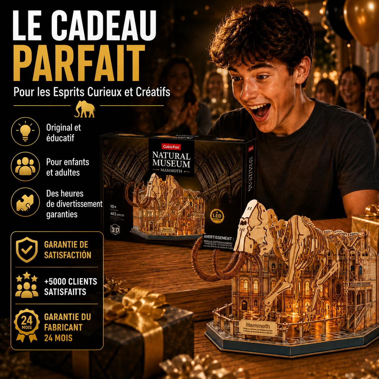 Puzzle 3D Bois Mammouth Museum LED | Puzzle 3D Squelette Préhistorique à Construire avec Lumière | Maquette en Bois DIY 464 Pièces | Construction Adulte et Enfant | Casse-Tête 3D Décoratif