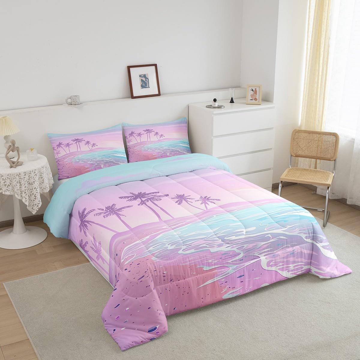 Purple Blue Beach Comforter Set Full Size,Coconut Tree Bedding Set 3Pcs for Kids Boys Girls Adult Room Decor,Ramantic Hawaii Sea Style Quilt Set Sweet Summer Ocean Duvet Insert,2 Pillowcases