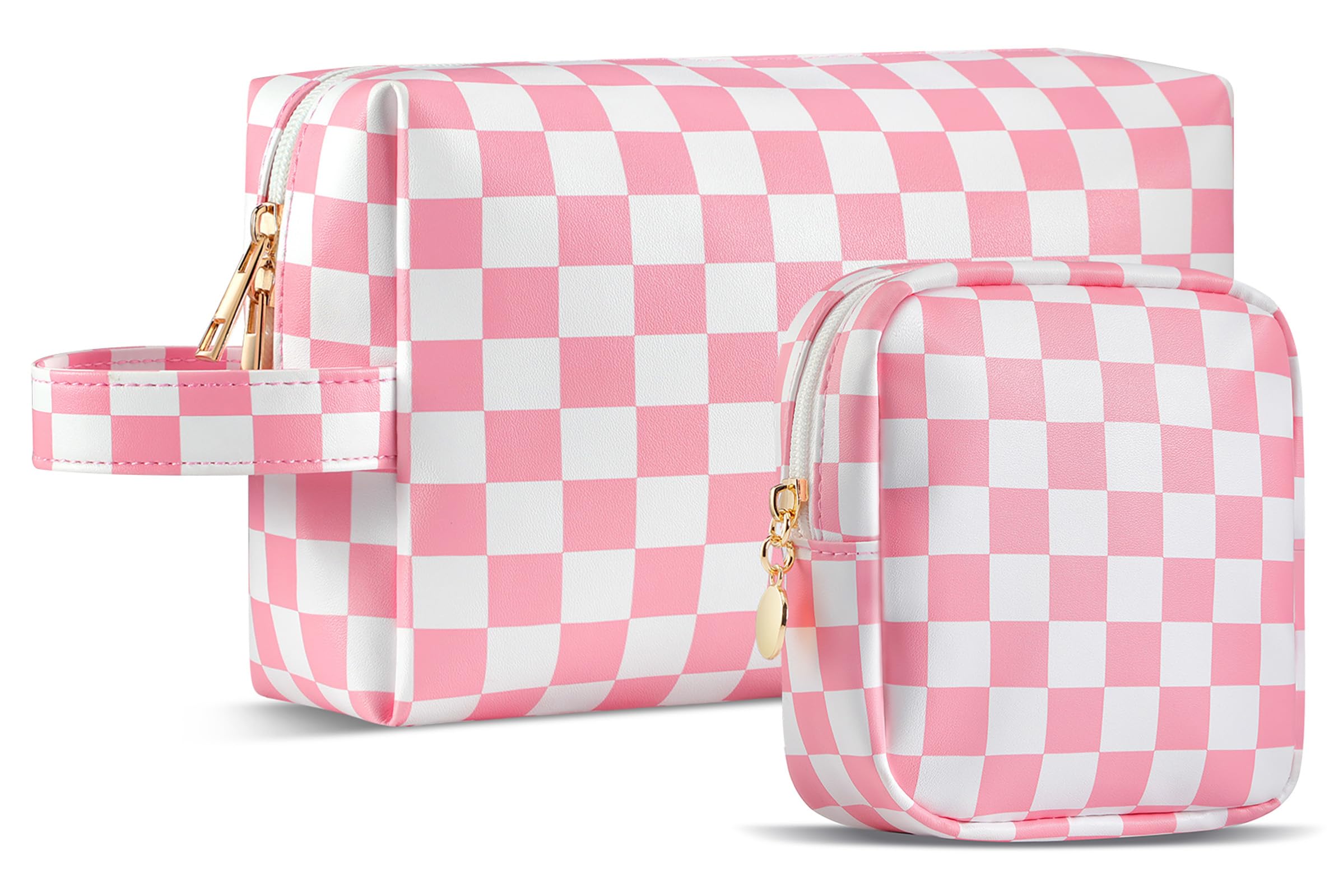 2Pcs Makeup Bag for Women, Large Checkered Cosmetic Bags with Small Makeup Pouch Set, Cute Leather Make Up Orgnizer with Zipper, Travel Skincare