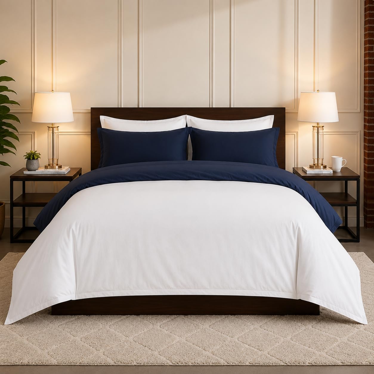 Duvet Cover Super King Size Bed (102x110 Inch) 1 Duvet Cover + 4 Pillow Covers with Zipper 1000 TC Cotton Reversible Luxurious Quilt, Comforter, Rajai, Blanket Cover (White/Navy Blue)-image-37