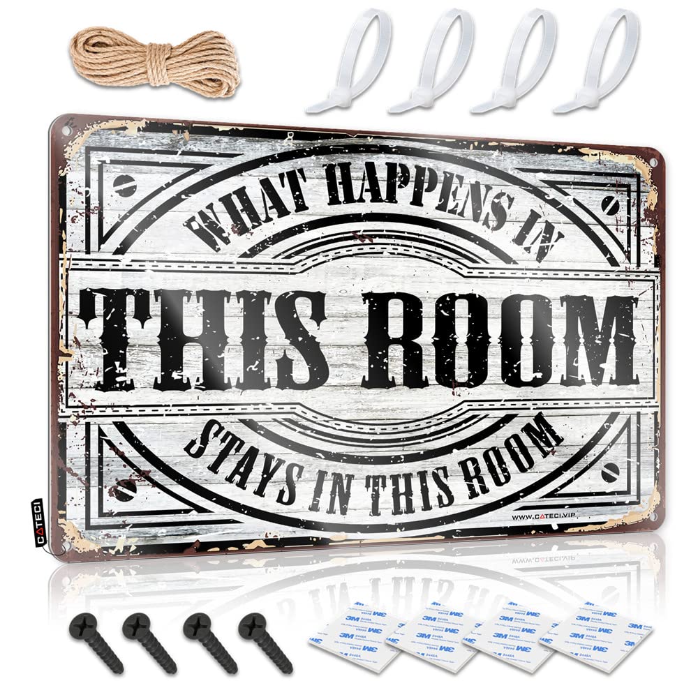 STWNVOITV Metal Home Sign What Happens In This Room Stays In This Sign Cave Door Sign Door Signs For Bedroom(30X40CM)