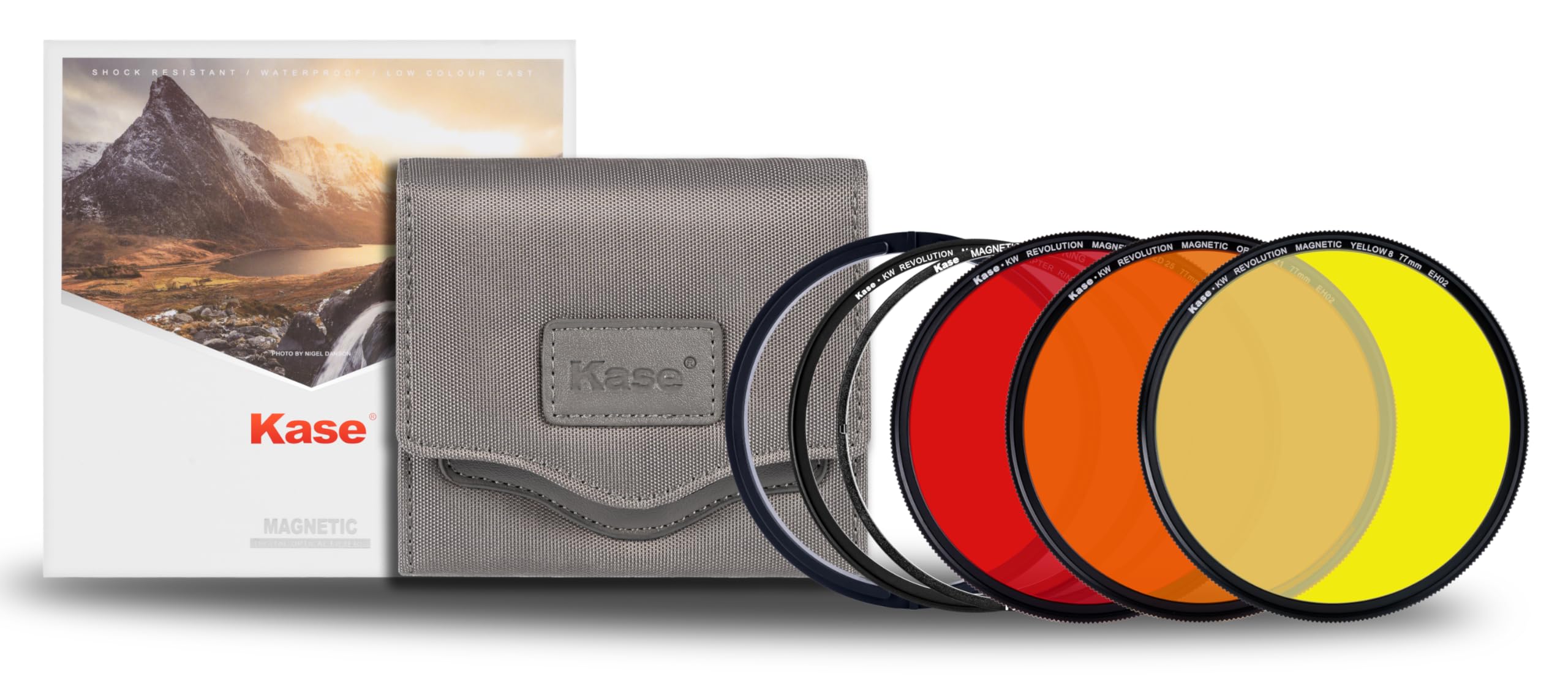 Kase Wolverine Revolution Black & White Filter Kit Magnetic Shockproof Tempered Optical Glass Yellow #8, Orange #21, Red #25 & Case (77mm)