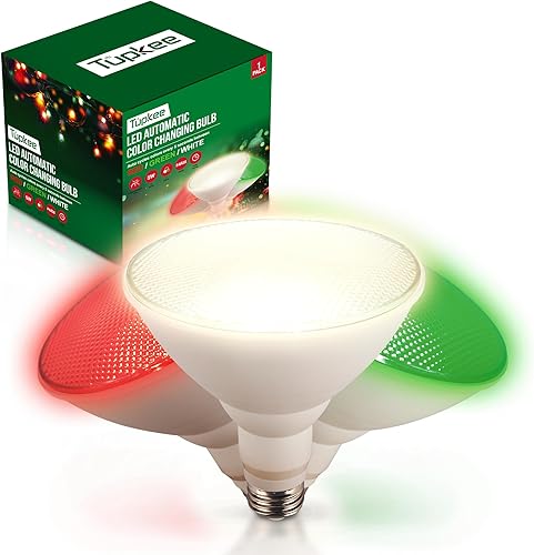 Tupkee Bombilla LED automática que cambia de color  Ciclos automáticamente entre rojoverdeblanco cada 5 segundos  PAR38, E26, 5W, porche de Navidad