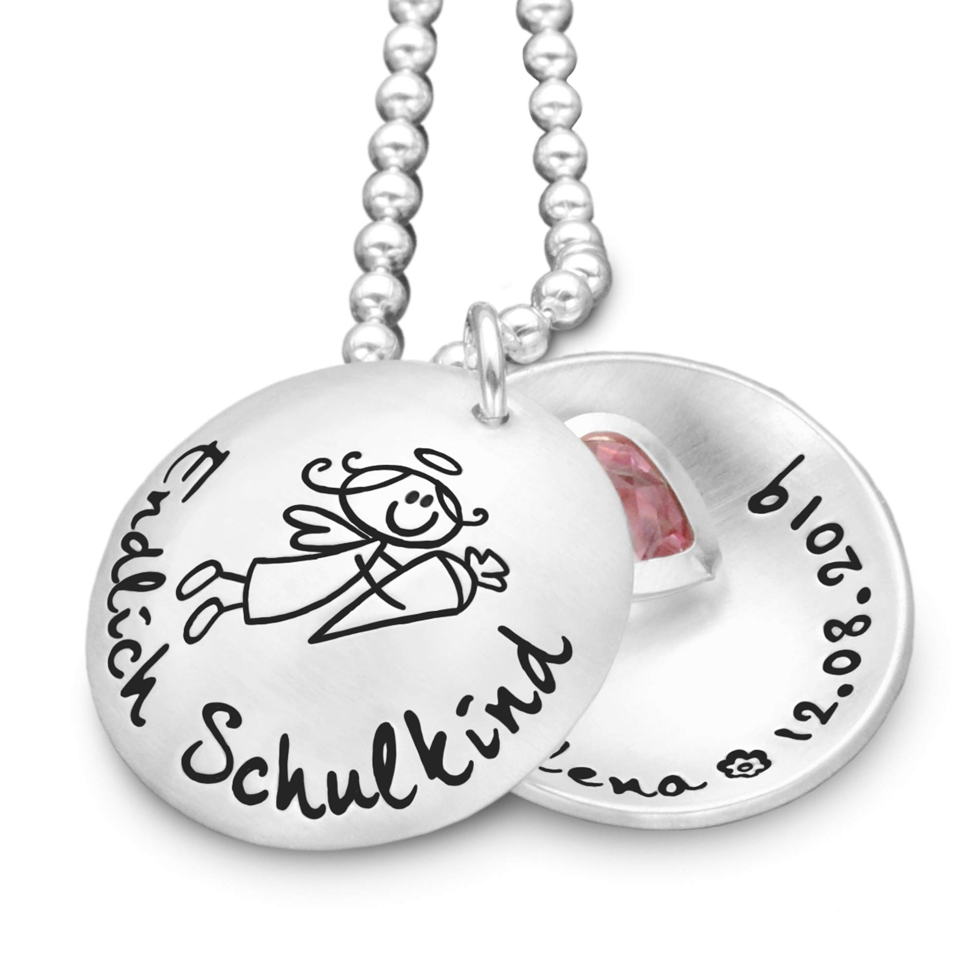 Mädchen Schulbeginn Geschenk personalisiert Schmuck Einschulung MEIN SCHULANFANG Namenskette Schulkind Schutzengel Herzkristall mit Gravur