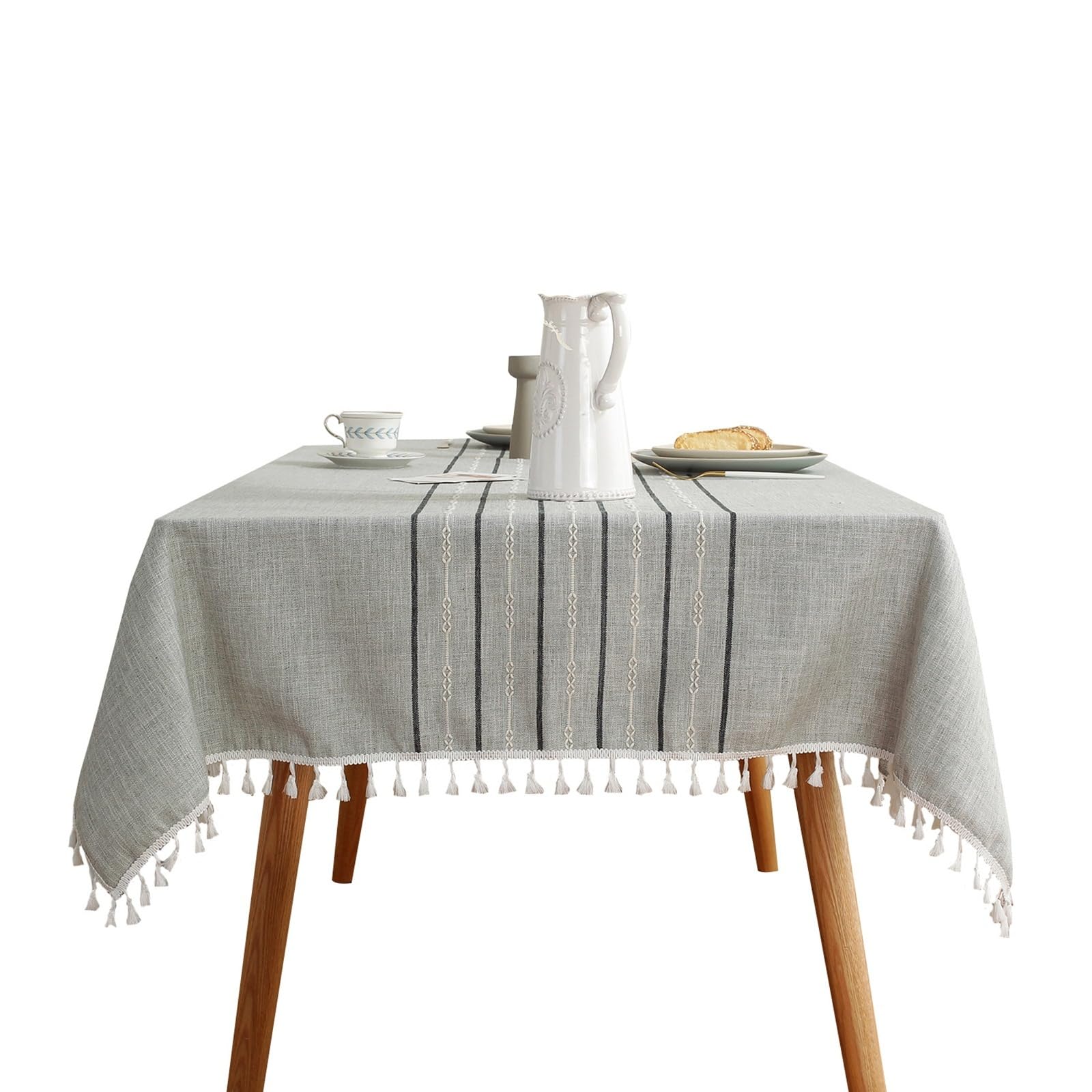 Zmywalny obrus w paski, szary, 140 x 180 cm, Tablecloth o wyglądzie lnu, prosty, prostokątny, stół kempingowy