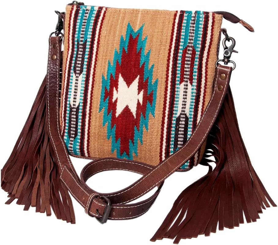 American Darling Western Crossbody Bag – Handwoven Saddle Blanket with Genuine Leather and Fringes, Compact Everyday Purse