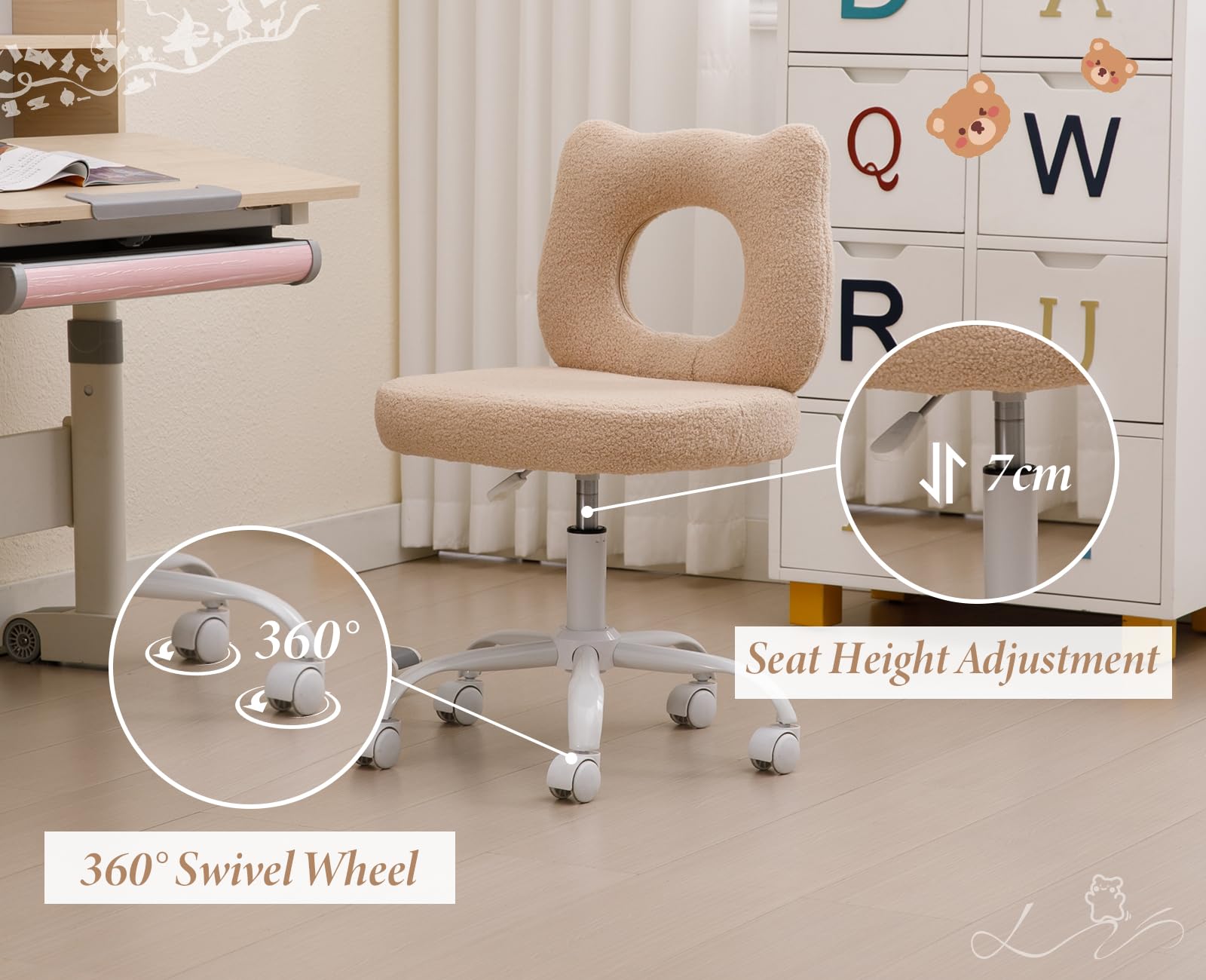 chairus Sedia da Scrivania per Bambini Sedia per Bambini in Pelliccia Sintetica Sedie Girevole Regolabile in Altezza Sedia da Scrivania Carina in Orsetto per Cameretta, Cachi