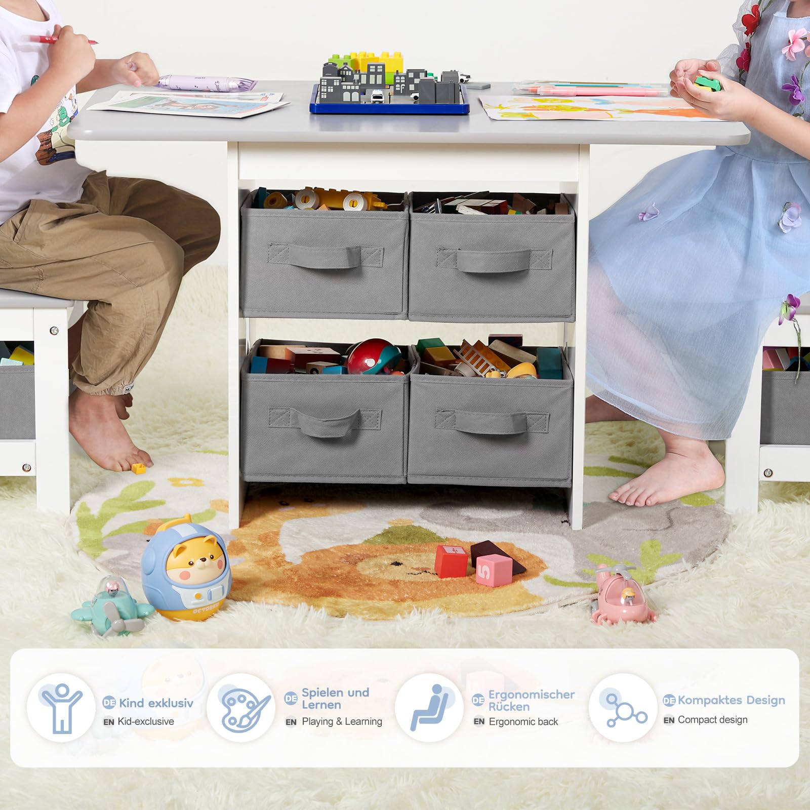 Yorbay Kindertisch mit 2 Stühle, Kinderaktivitätstisch mit Stauraum, 3tlg Kindersitzgruppe, Sitzgruppe für Kinder, Maltisch für Kinderzimmer, Spielzimmer, Vorschüler, Kindermöbel (Grau)