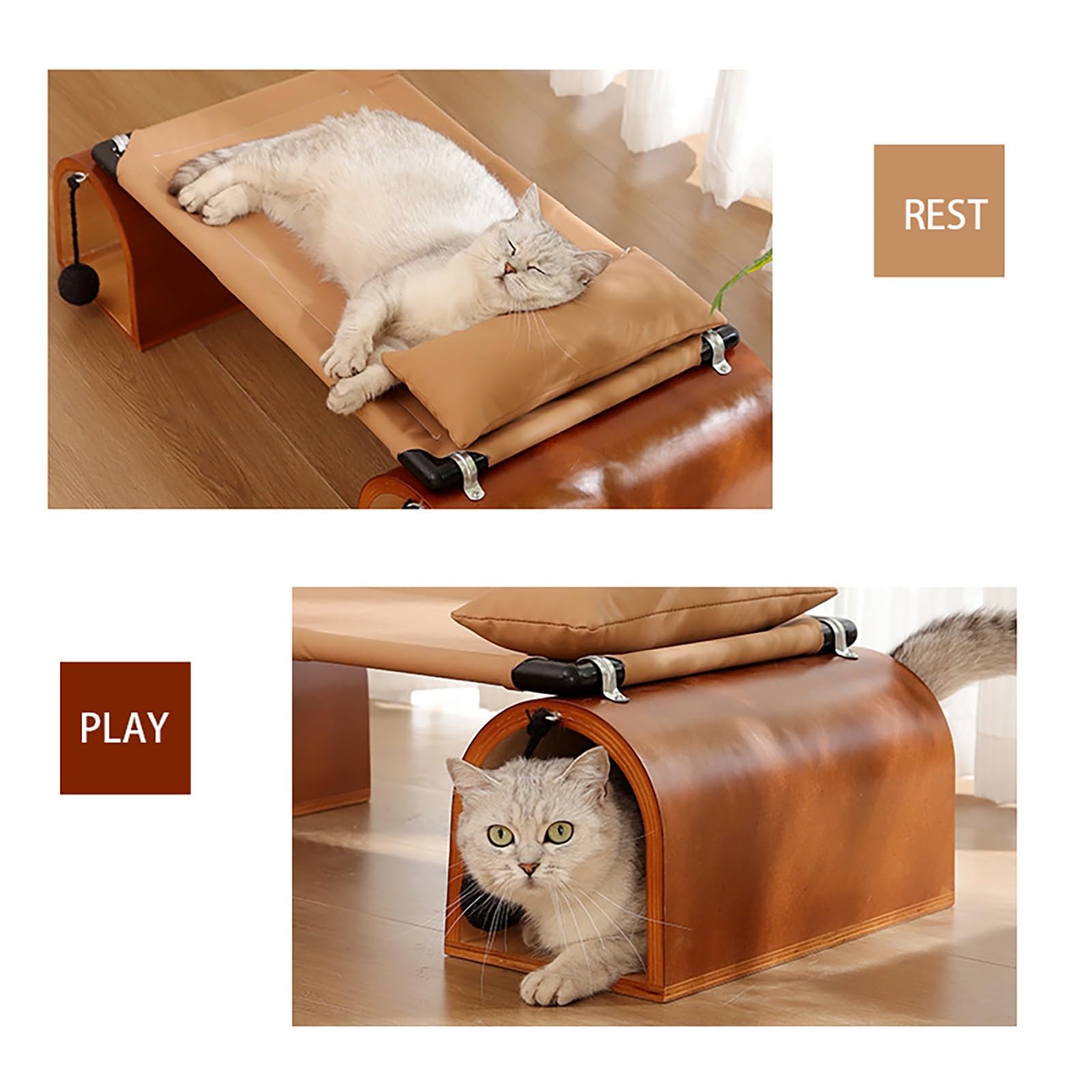 Cama túnel para gatos con túneles dobles y juguete colgante: cueva con estructura de madera y hamaca de tela Soft Tech, escondite elevado para gatos de interior con almohada, resistente a arañazos y a