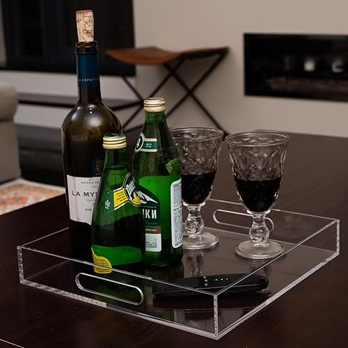 Miniatura 6 de Bandeja de acrílico transparente resistente con asas de 12 x 12 x 2 pulgadas de alto, a prueba de derrames, bandejas decorativas, organizador