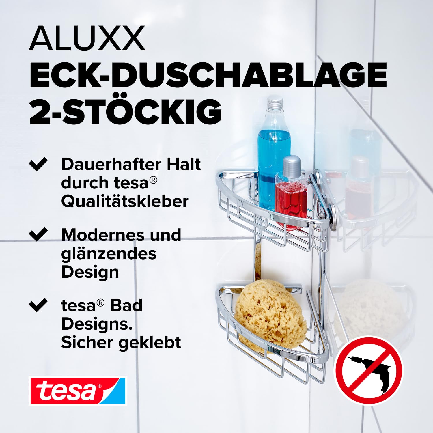 Tesa Cestino Portaoggetti Doccia Largo Aluxx, Alluminio Cromato Lucido, Autoadesivo, Tecnologia Adesiva di Montaggio, 92mm x 450mm x 125mm