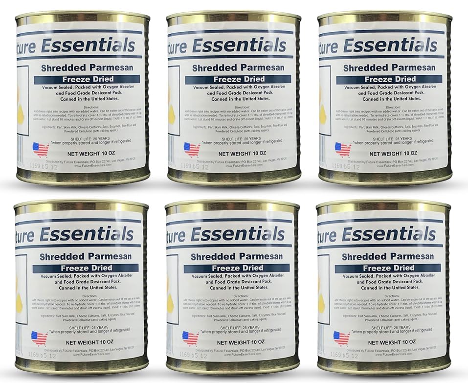 Freeze Dried Shredded Parmesan Cheese 1 Half-Case/6 Cans | Long Term Storage (25 years shelf life) Emergency Supply | Hiking, Backpacking & Camping | Easy Prep Survival Food | #2.5 Can / 10 oz