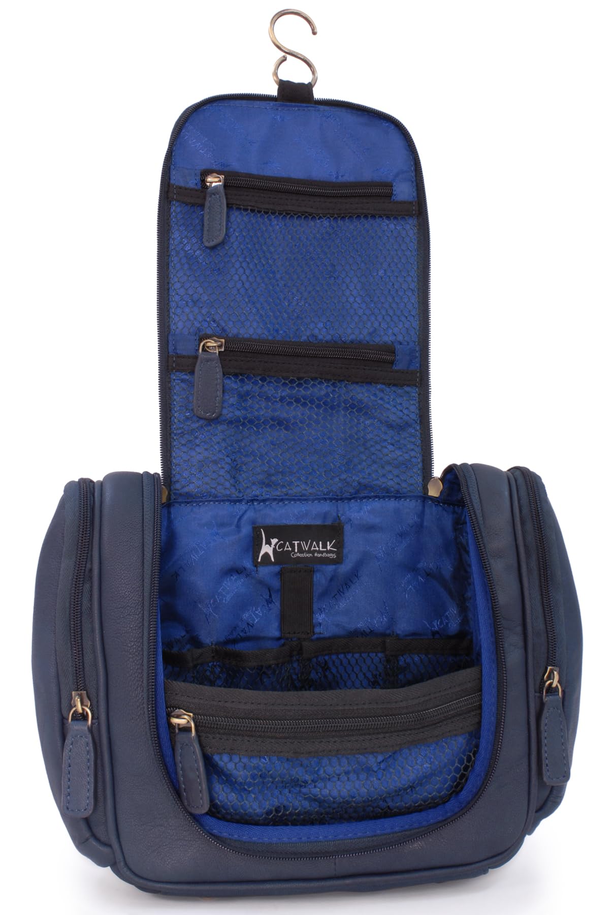 Catwalk Collection Handbags - Grande Neceser de Viaje de Piel - Bolso de Aseo Colgante - Bolso de Baño para Mujer - con Gancho - Maisie - Azul