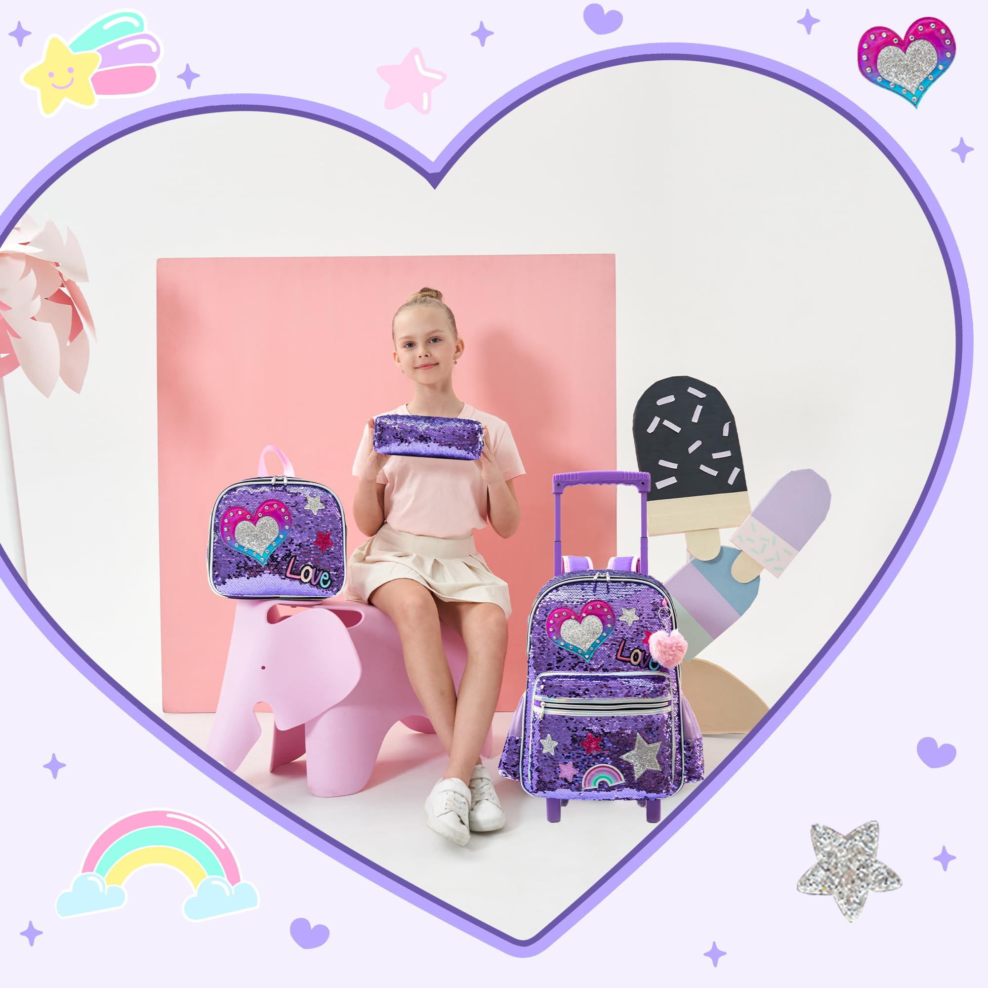 HTgroce Trolley Zaino con ruote, astuccio, borsa per il pranzo, 3 in 1, facile da arrotolare, per ragazze, borse per la scuola