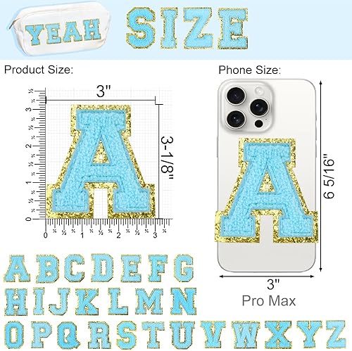 Miniatura 2 de 26 parches de letras de felpilla grandes de 3 pulgadas A-Z de color azul, letras termo-adhesivas para tela y ropa, bordado con purpurina para