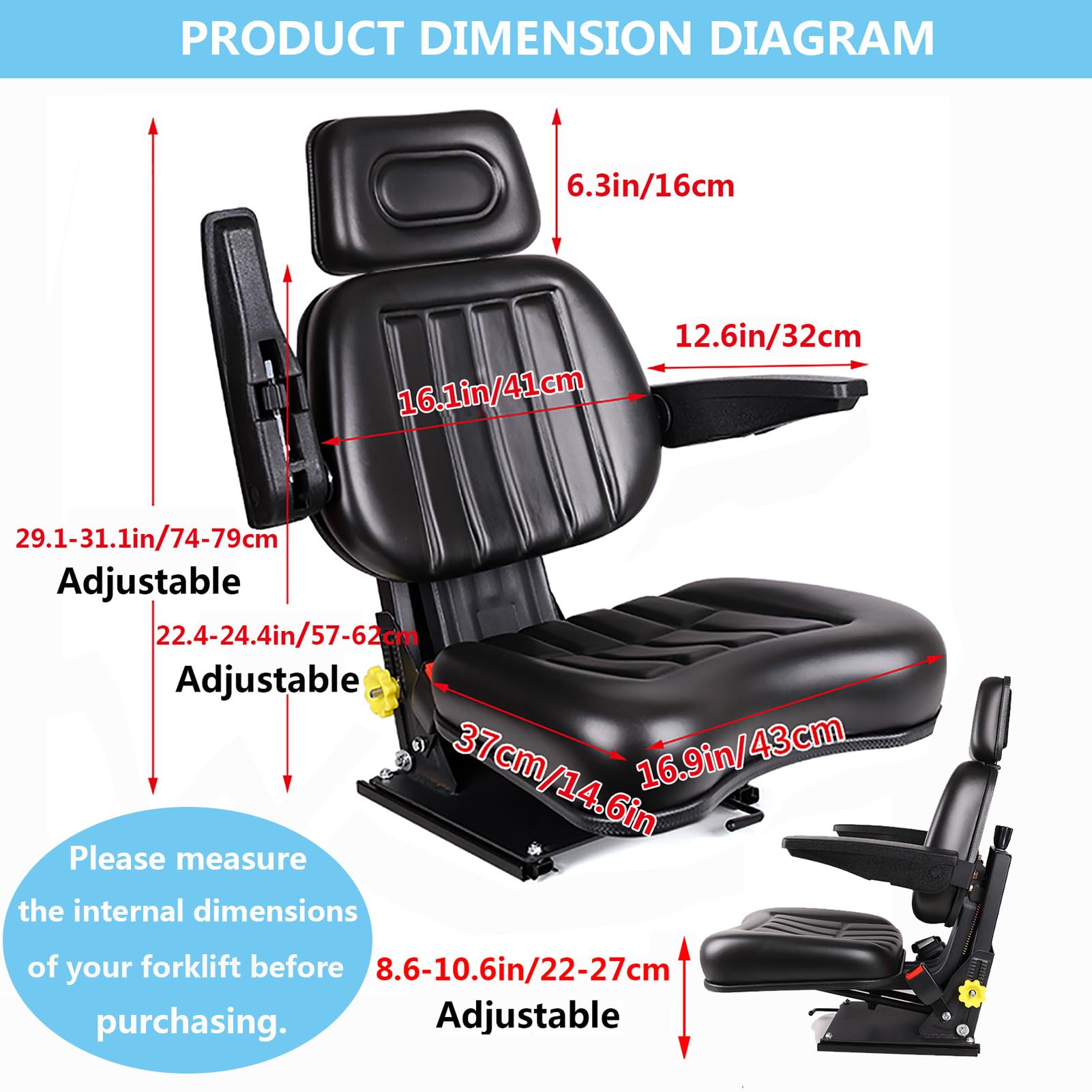 Asiento universal de absorción de impactos para cortacésped, asiento de tractor con reposabrazos y reposacabezas y cinturón de seguridad, riel deslizante ajustable, asiento de carretilla elevadora,