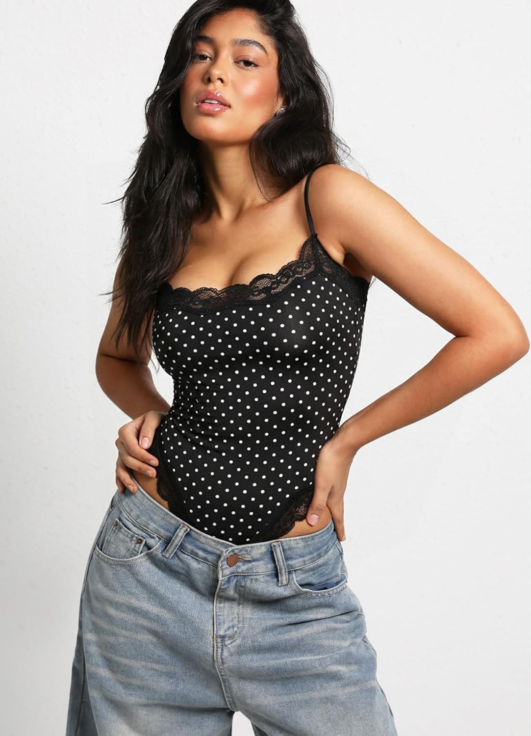 Navneet Women Sexy Lace Bodysuit Lace Trim High Cut Thong Spaghetti Strap Cami Bodysuit Going Out Tank Tops Body Suit - Image 2