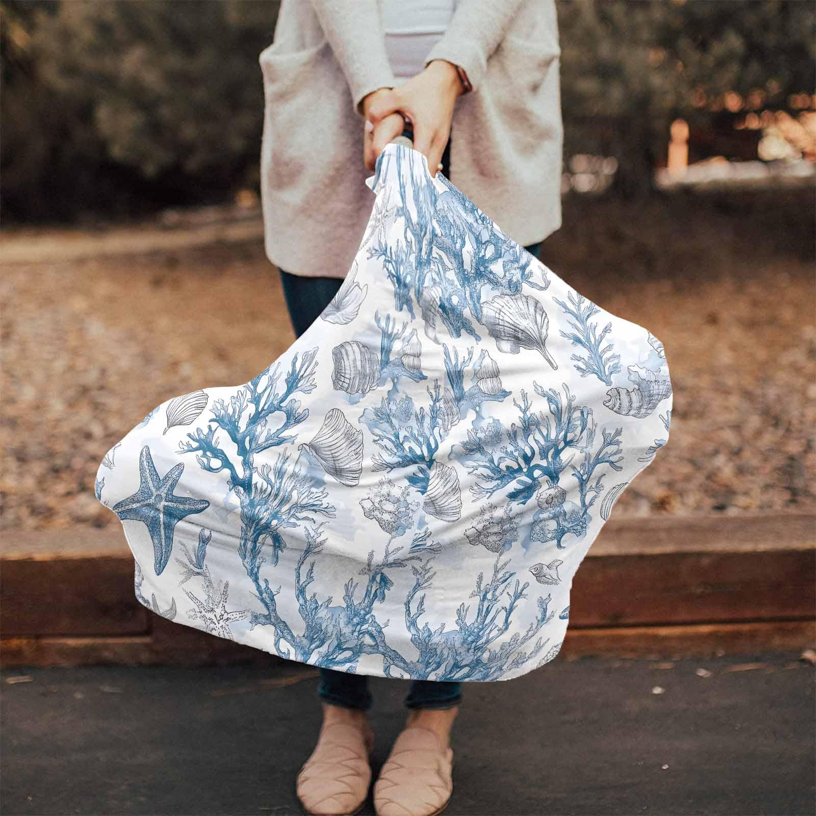 Coastal Ocean Shell Coral Summer Nursing Cover for Breastfeeding Scarf, Light Blue Marine Life Baby Car Covers Super Soft Multi Use for Canopy Shopping Cart Cover Blanket Stroller Cover