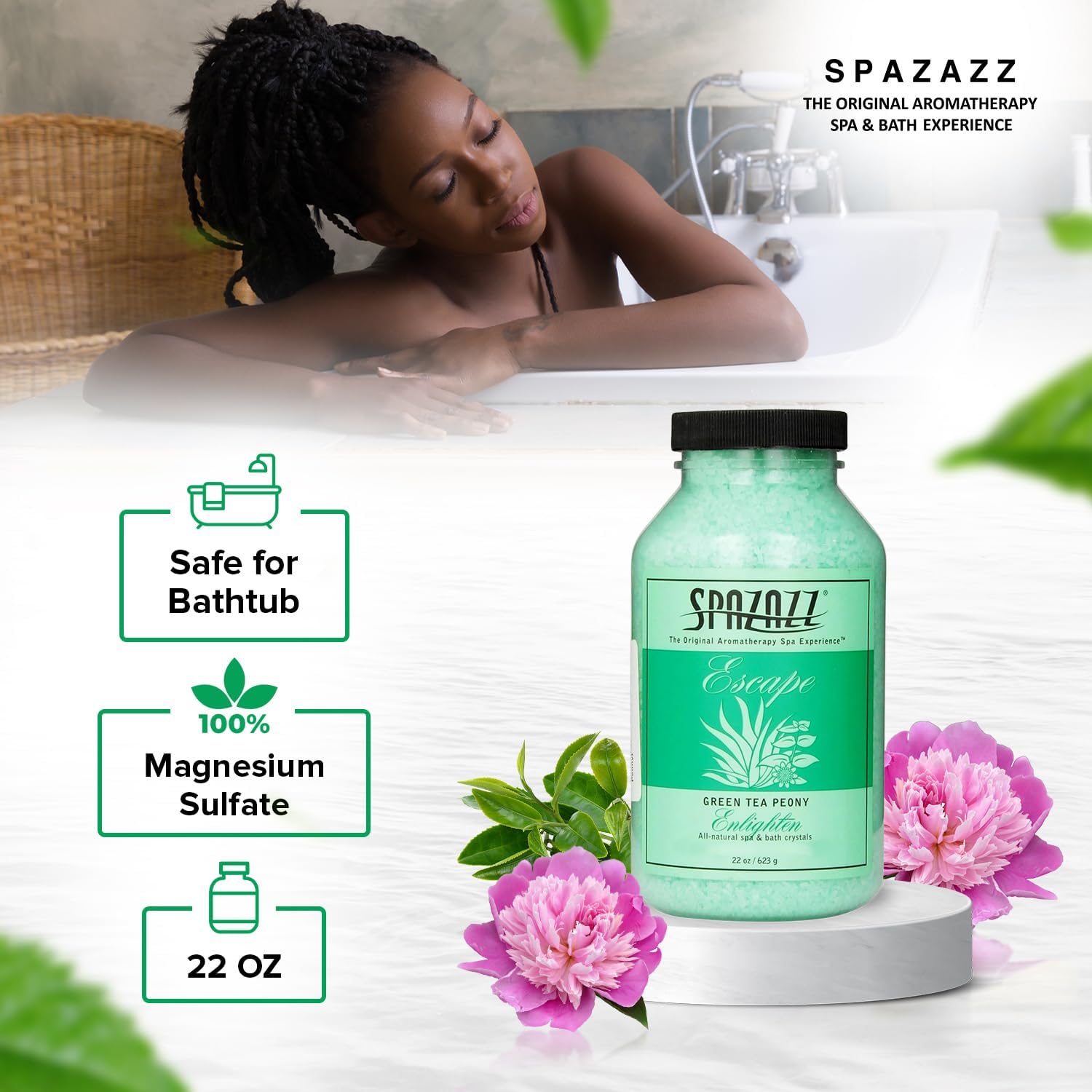 Spazazz Hot Tub Aromatherapy Crystals – Green Tea Peony 22oz-2 Pack – Spazazz Aromatherapy Hot Tub Spa Soak for Hot Tubs & Bathtubs – Premium Spa Crystals - Safe for All Equipment