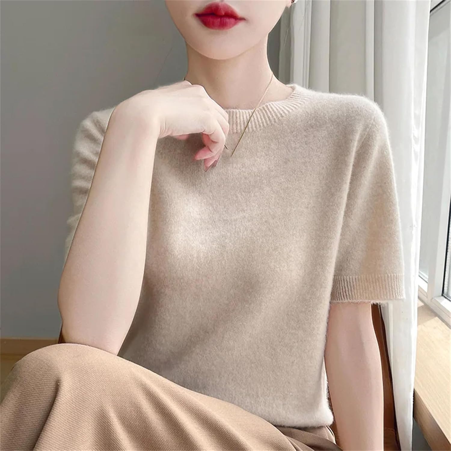 Women Cashmere Short Sleeve Sweater O-Neck Pullover Winter Cashmere Short Sleeve Shirt - Image 5