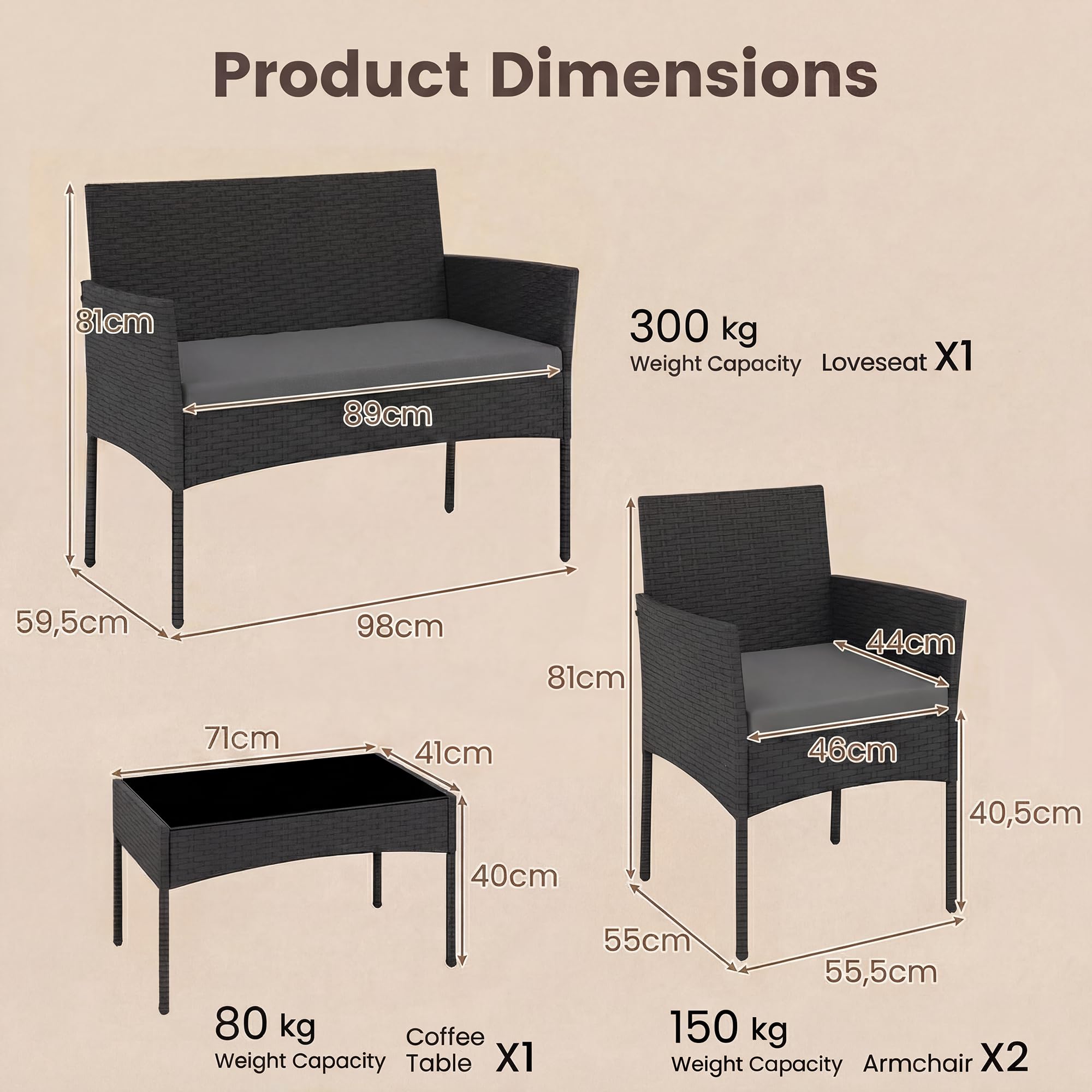 Set da Giardino in Rattan 4 Pezzi con Tavolino in Vetro, Divano e Poltrone, Grigio